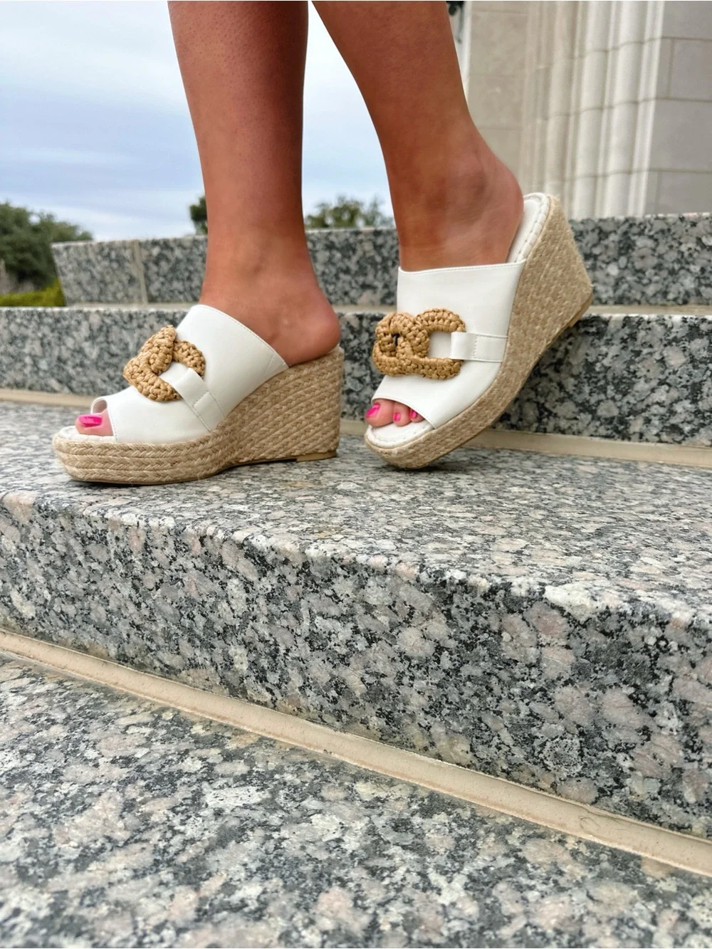 White Espadrille Wedge Slide with Natural Rope Accent